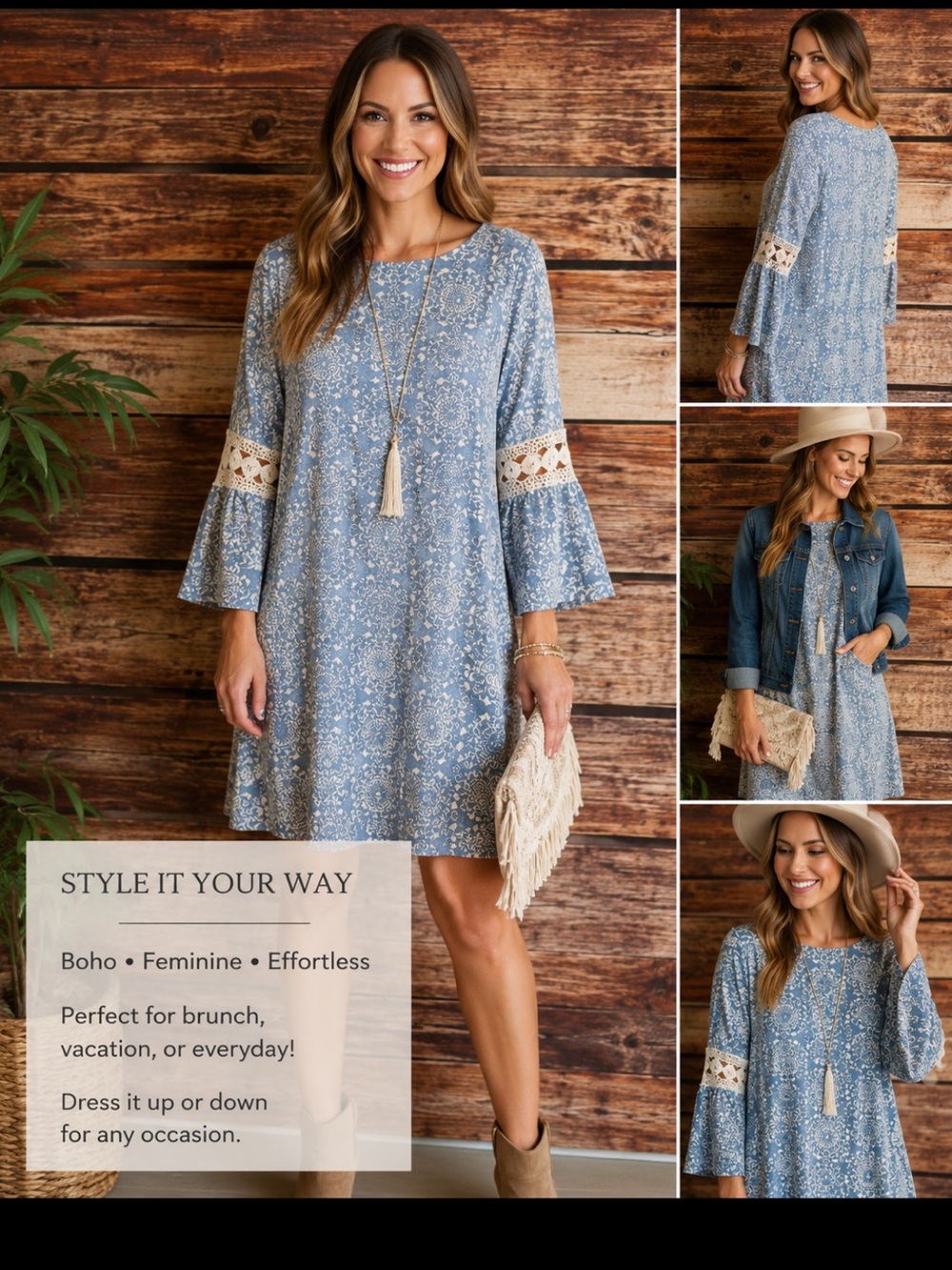 Luxology Boho Dress sz 10 Bell sleeves crochet floral shift festival blue white